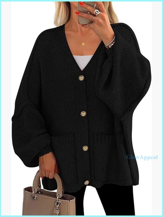 Sweaters - Oversized Chunky Cardigan with Lantern Sleeves and Pockets